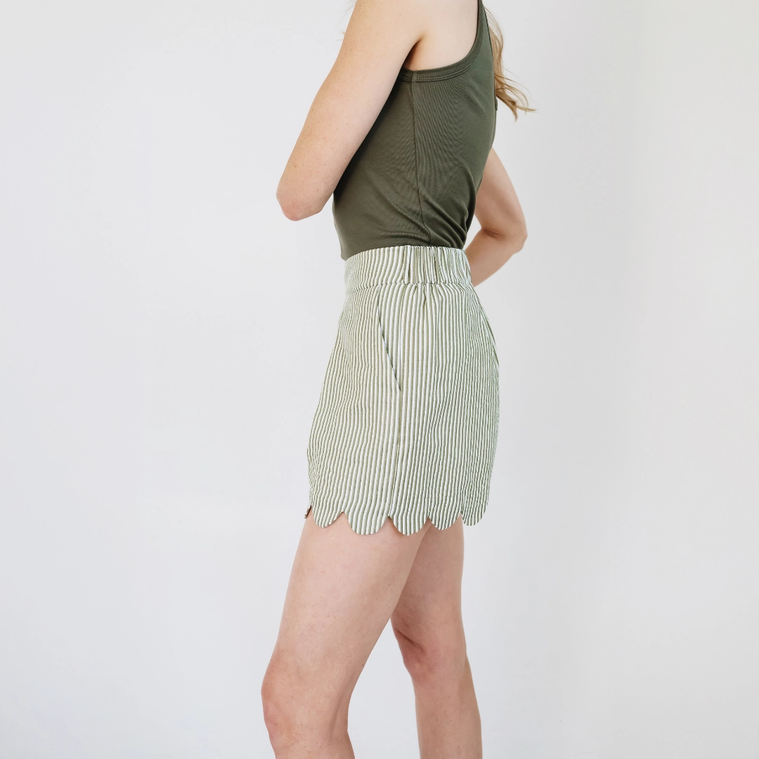 Eco Friendly Dye MASON'S DAUGHTER | Ella Scallop Short, Olive & Ivory Seersucker