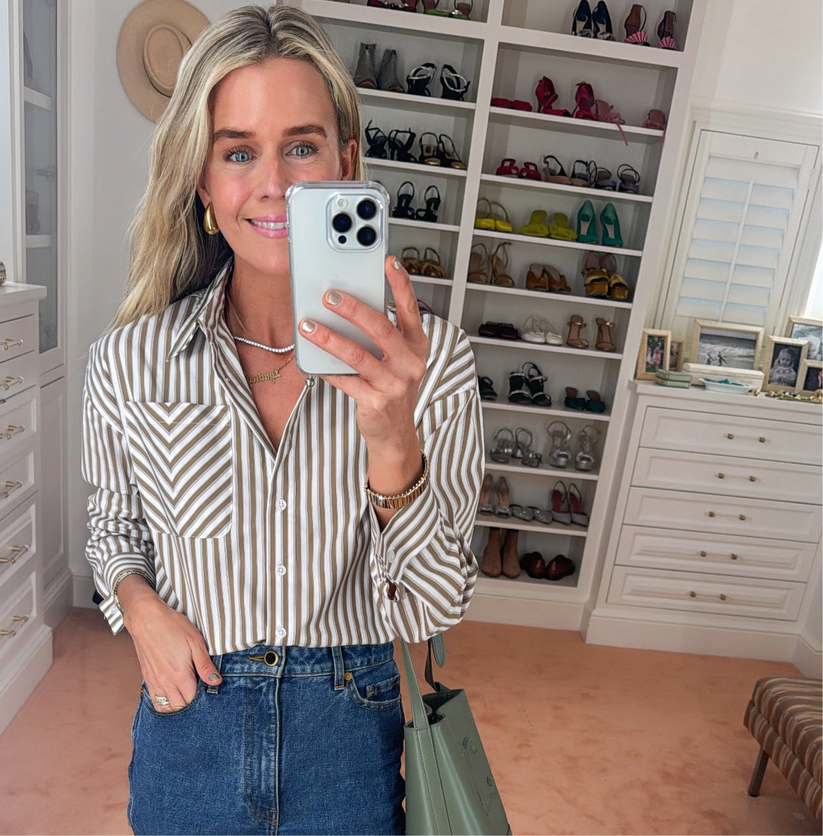 MASON'S DAUGHTER the French Cuff Boyfriend Shirt, Camel and White Striped Poplin Stay Flexible