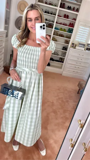 MASON'S DAUGHTER | Nora Dress, Green/Ivory Gingham Shantung Polished Finish