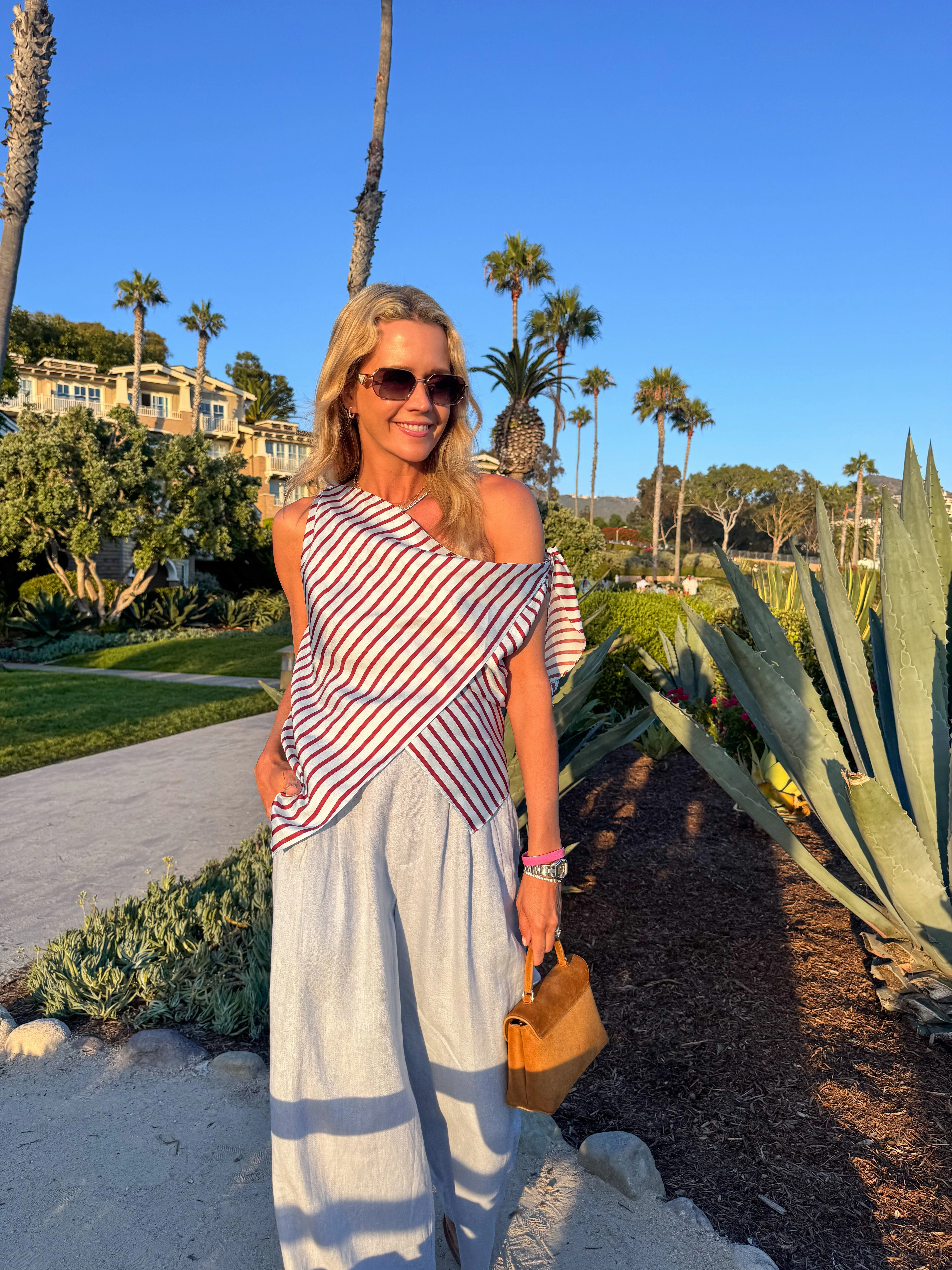 MASONS DAUGHTER | Lily Scarf Top, Blue & Burgundy Striped Breathable Weave Fabric Dressy look