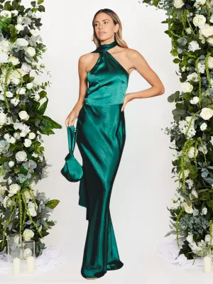 Matte Sheen Asymmetric Scarf Satin Maxi Dress / Emerald Green Asymmetric Scarf Satin Maxi Dress / Emerald Green Flowing Layers
