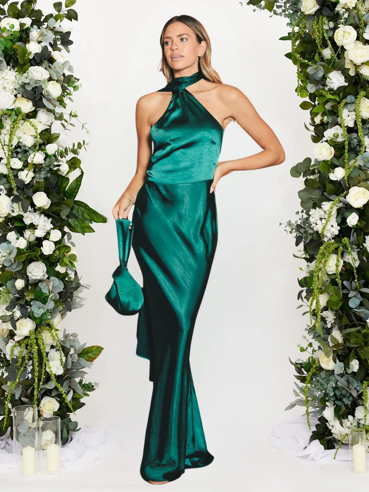 Asymmetric Scarf Satin Maxi Dress / Emerald Green Flowing Layers