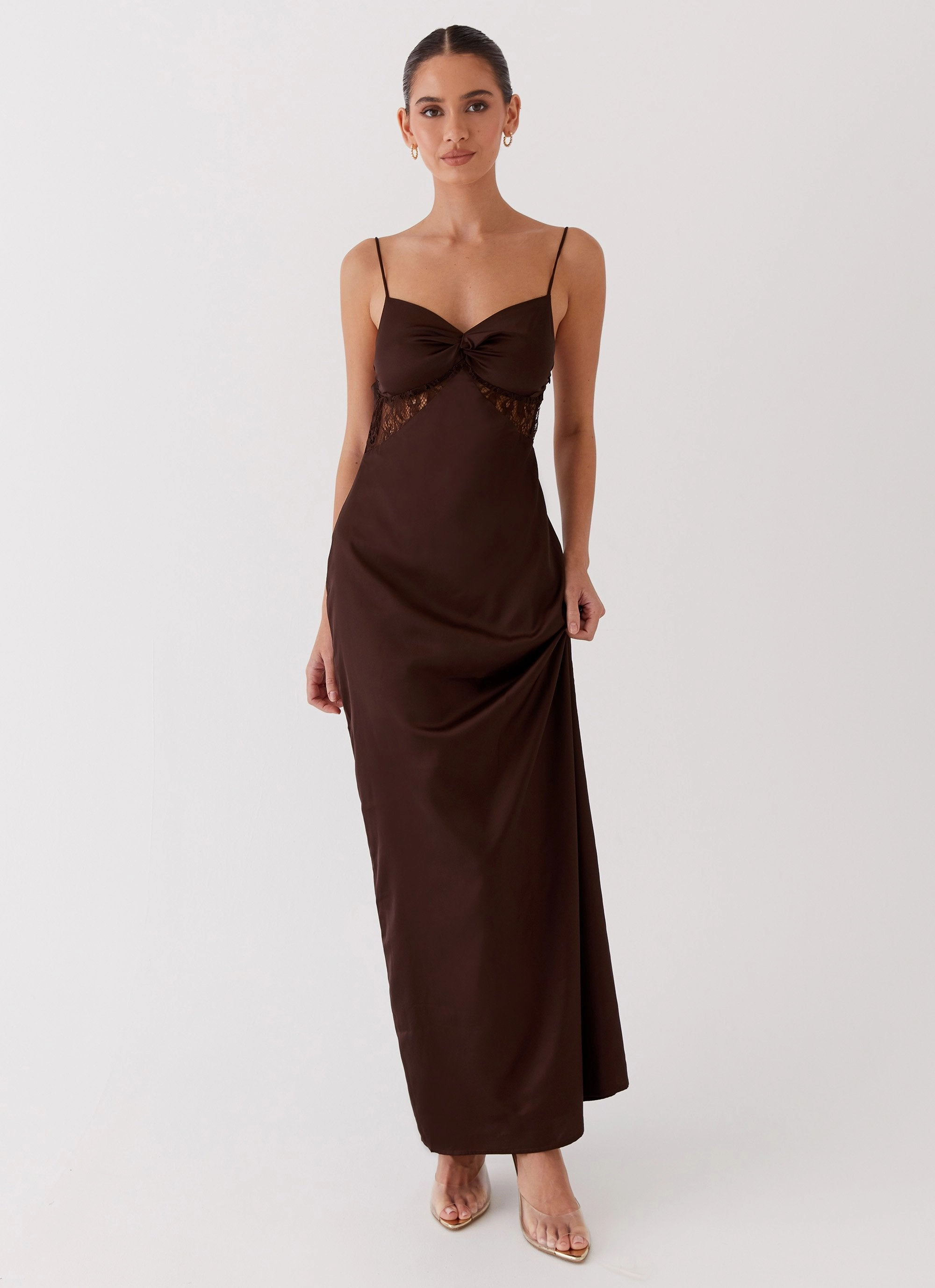Button Chic Dream Sight Lace Satin Maxi Dress - Chocolate