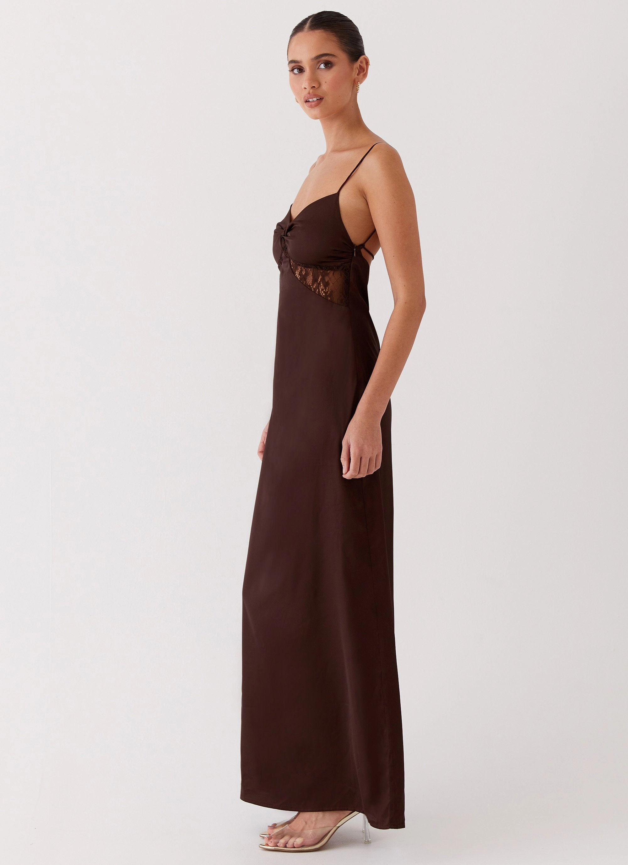 Walkable Flow Dream Sight Lace Satin Maxi Dress - Chocolate