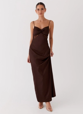 Button Chic Dream Sight Lace Satin Maxi Dress - Chocolate