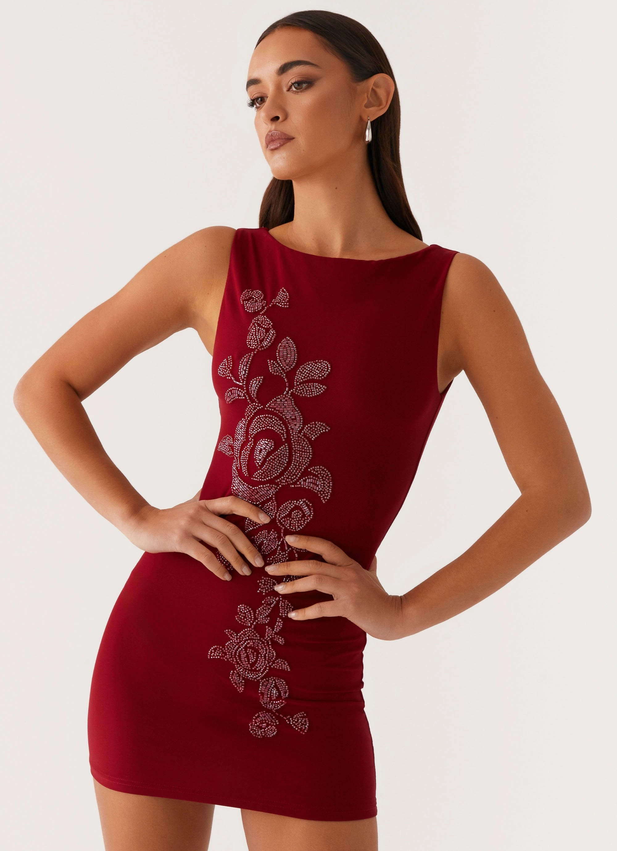 Matteo Beaded Mesh Mini Dress - Deep Red Daily Movement Flexible Mood