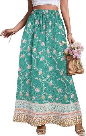 Maxi Boho Floral Skirts for Women 2025 Trendy Summer Drawstring Long Flowy Skirts High Elastic Waist A Line Skorts