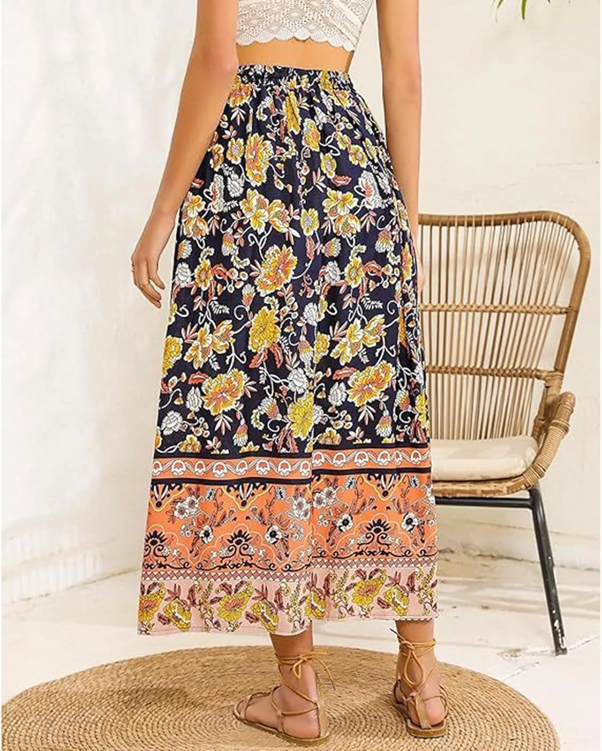 Maxi Boho Floral Skirts for Women 2025 Trendy Summer High Elastic Waist Drawstring A Line Skorts Long Flowy Skirts