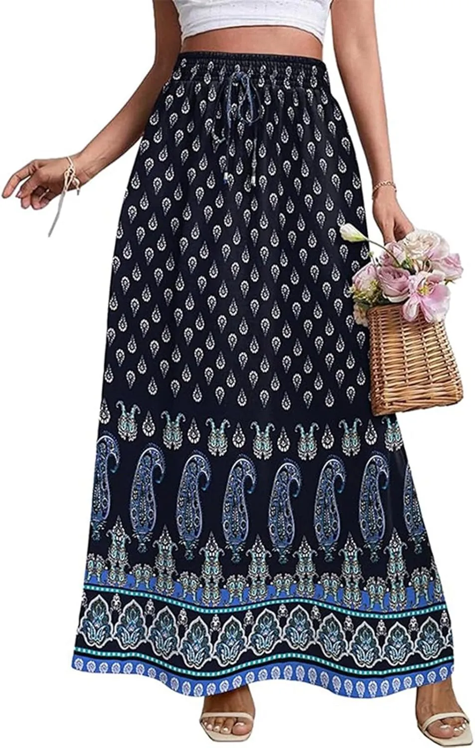 Maxi Boho Floral Skirts for Women 2025 Trendy Summer High Elastic Waist Drawstring A Line Skorts Long Flowy Skirts
