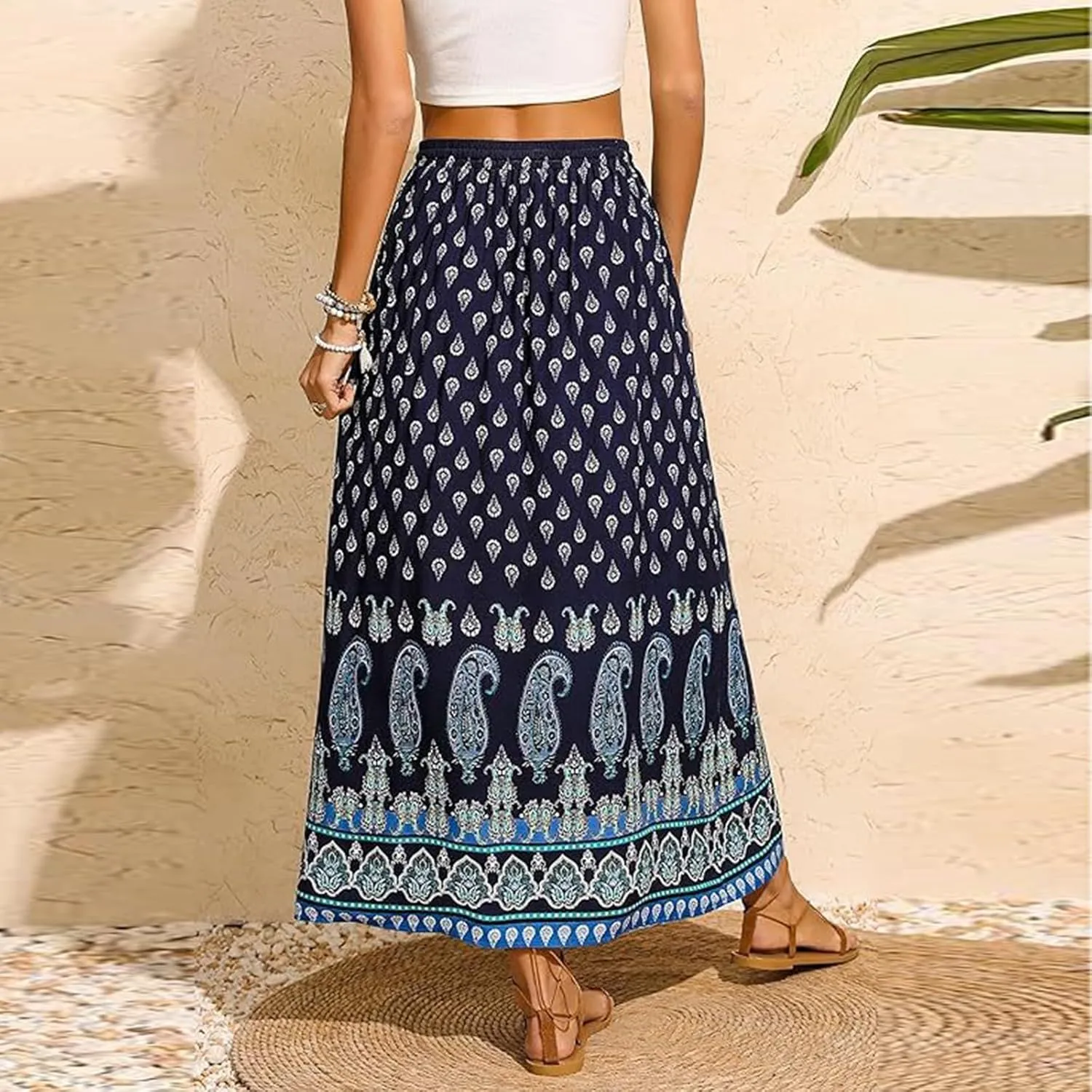 Maxi Boho Floral Skirts for Women 2025 Trendy Summer High Elastic Waist Drawstring A Line Skorts Long Flowy Skirts