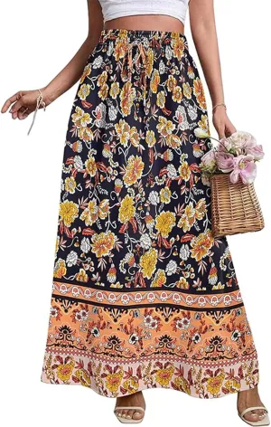 Maxi Boho Floral Skirts for Women 2025 Trendy Summer High Elastic Waist Drawstring A Line Skorts Long Flowy Skirts