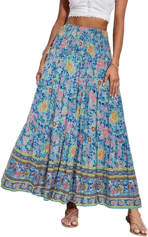 Maxi Boho Floral Skirts for Women 2025 Trendy Summer High Elastic Waist Long Flowy Skirts A Line Skorts