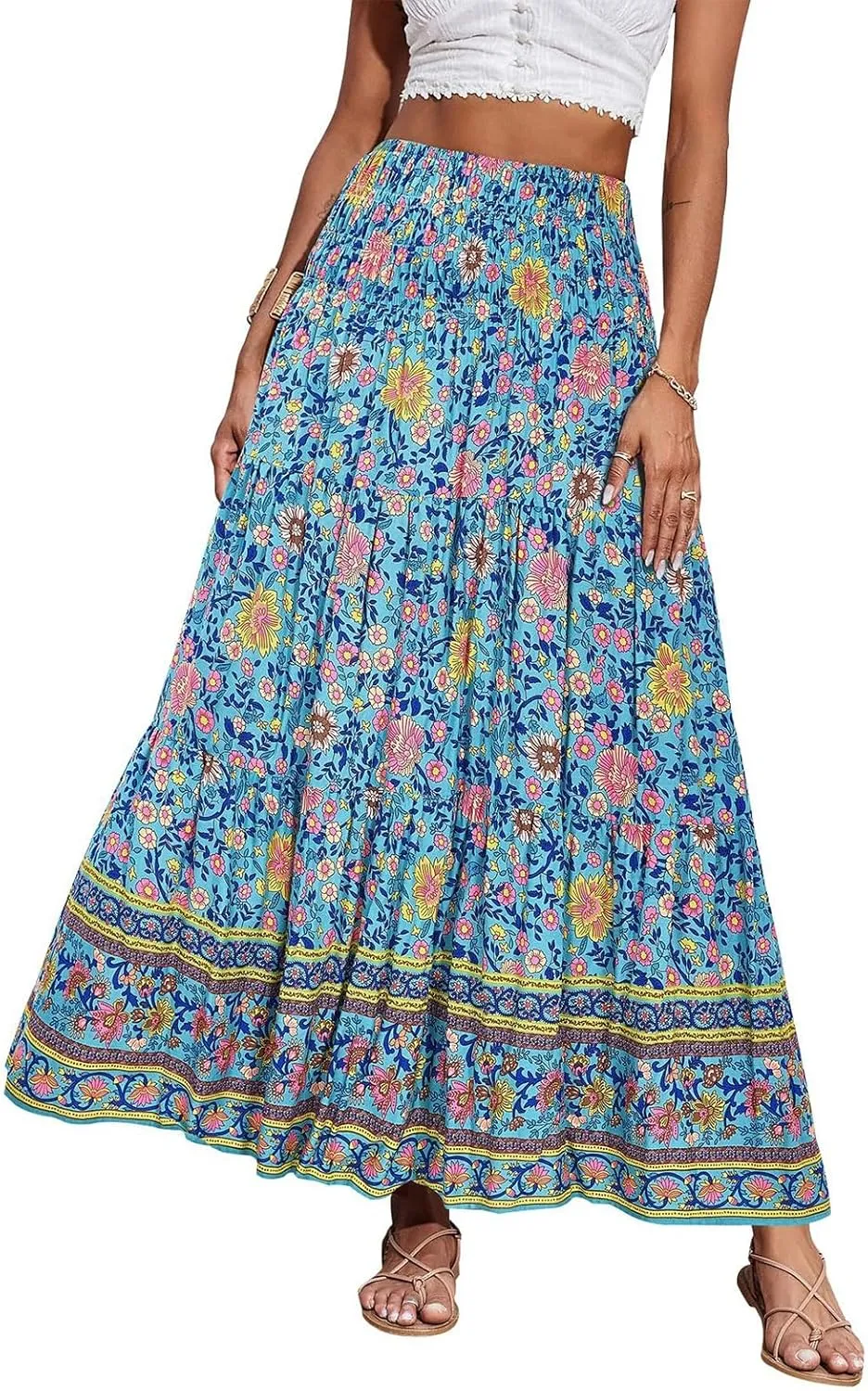 Maxi Boho Floral Skirts for Women 2025 Trendy Summer High Elastic Waist Long Flowy Skirts A Line Skorts
