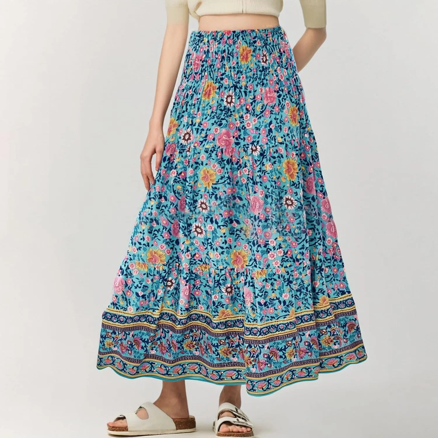 Maxi Boho Floral Skirts for Women 2025 Trendy Summer High Elastic Waist Long Flowy Skirts A Line Skorts