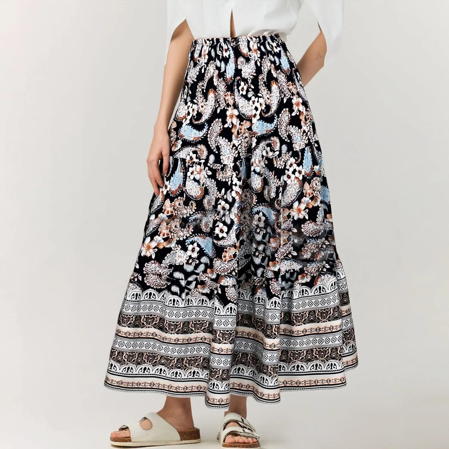Maxi Boho Floral Skirts for Women 2025 Trendy Summer High Elastic Waist Long Flowy Skirts A Line Skorts