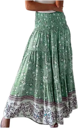 Maxi Boho Floral Skirts for Women 2025 Trendy Summer High Elastic Waist Long Flowy Skirts A Line Skorts