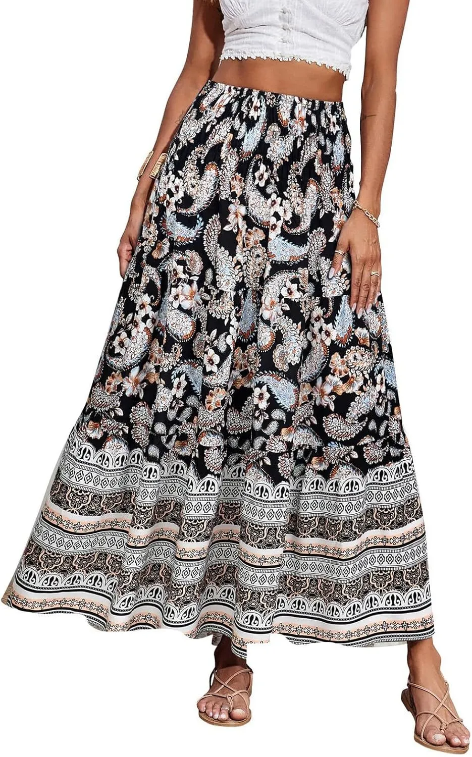 Maxi Boho Floral Skirts for Women 2025 Trendy Summer High Elastic Waist Long Flowy Skirts A Line Skorts