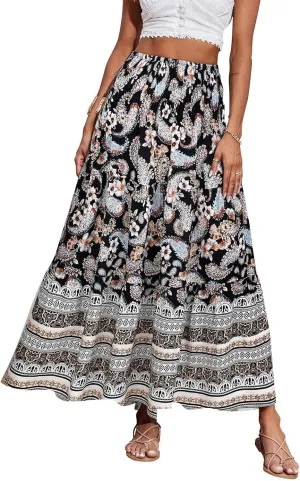 Maxi Boho Floral Skirts for Women 2025 Trendy Summer High Elastic Waist Long Flowy Skirts A Line Skorts