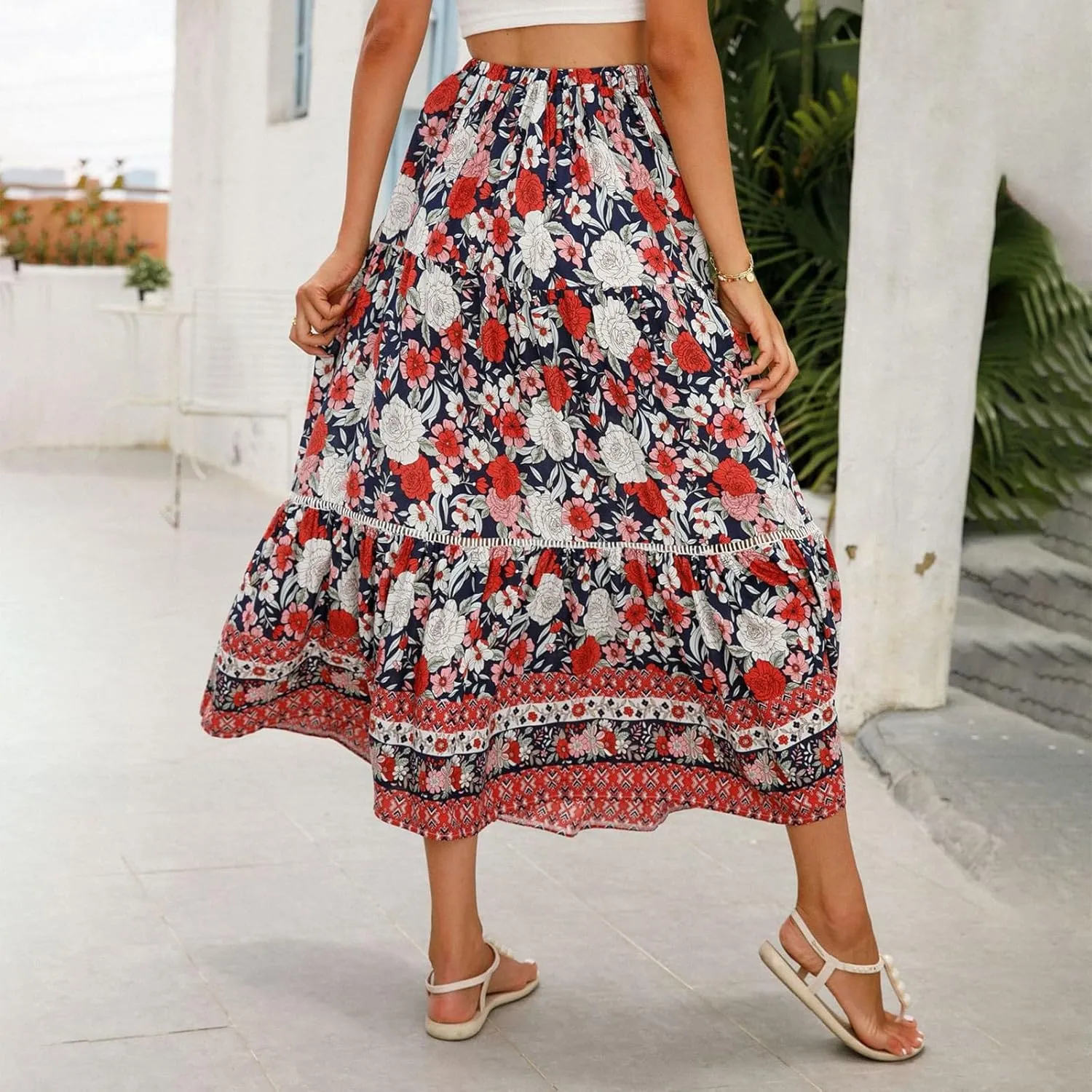 Maxi Boho Floral Skirts for Women 2025 Trendy Summer Long Flowy Skirts Drawstring High Elastic Waist A Line Skorts