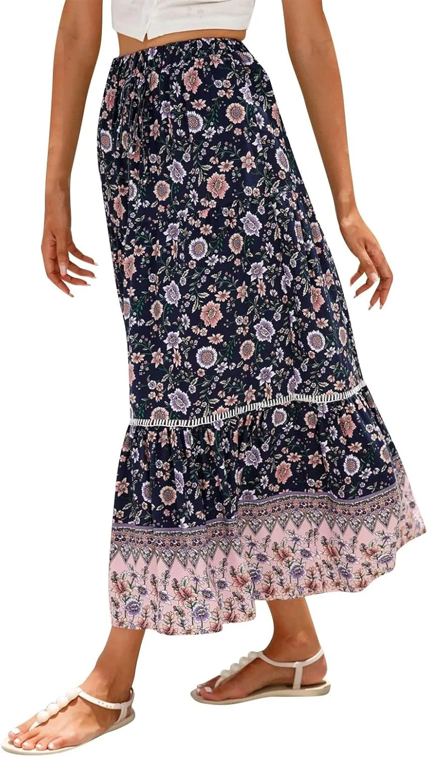 Maxi Boho Floral Skirts for Women 2025 Trendy Summer Long Flowy Skirts Drawstring High Elastic Waist A Line Skorts