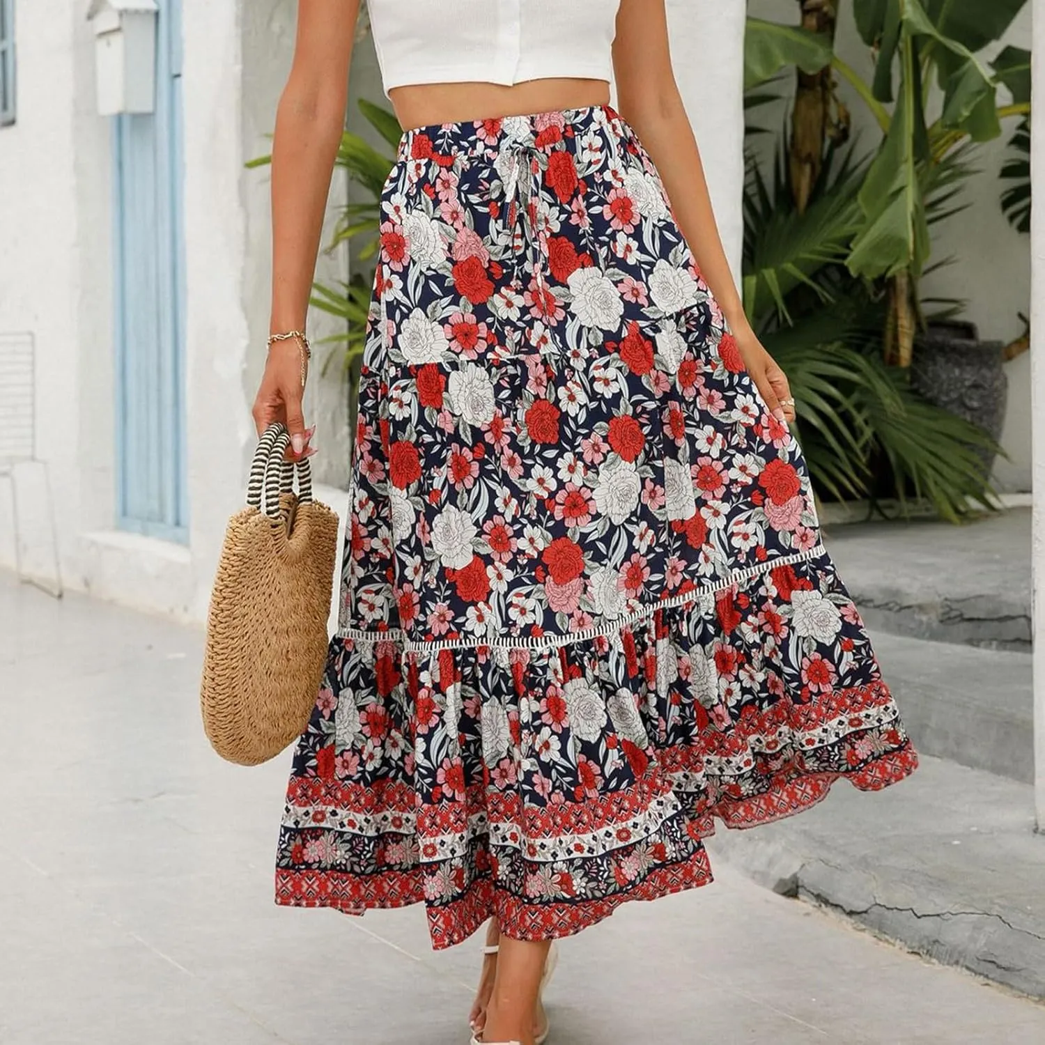 Maxi Boho Floral Skirts for Women 2025 Trendy Summer Long Flowy Skirts Drawstring High Elastic Waist A Line Skorts