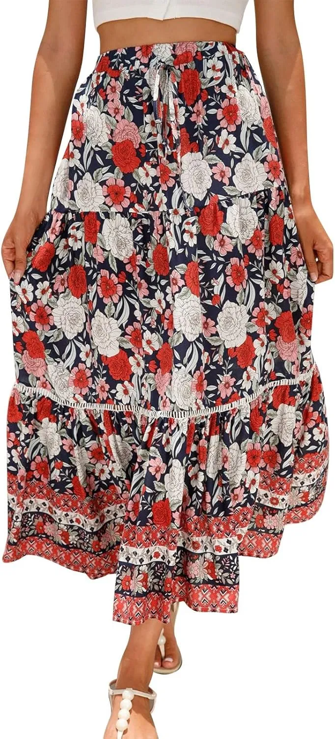 Maxi Boho Floral Skirts for Women 2025 Trendy Summer Long Flowy Skirts Drawstring High Elastic Waist A Line Skorts