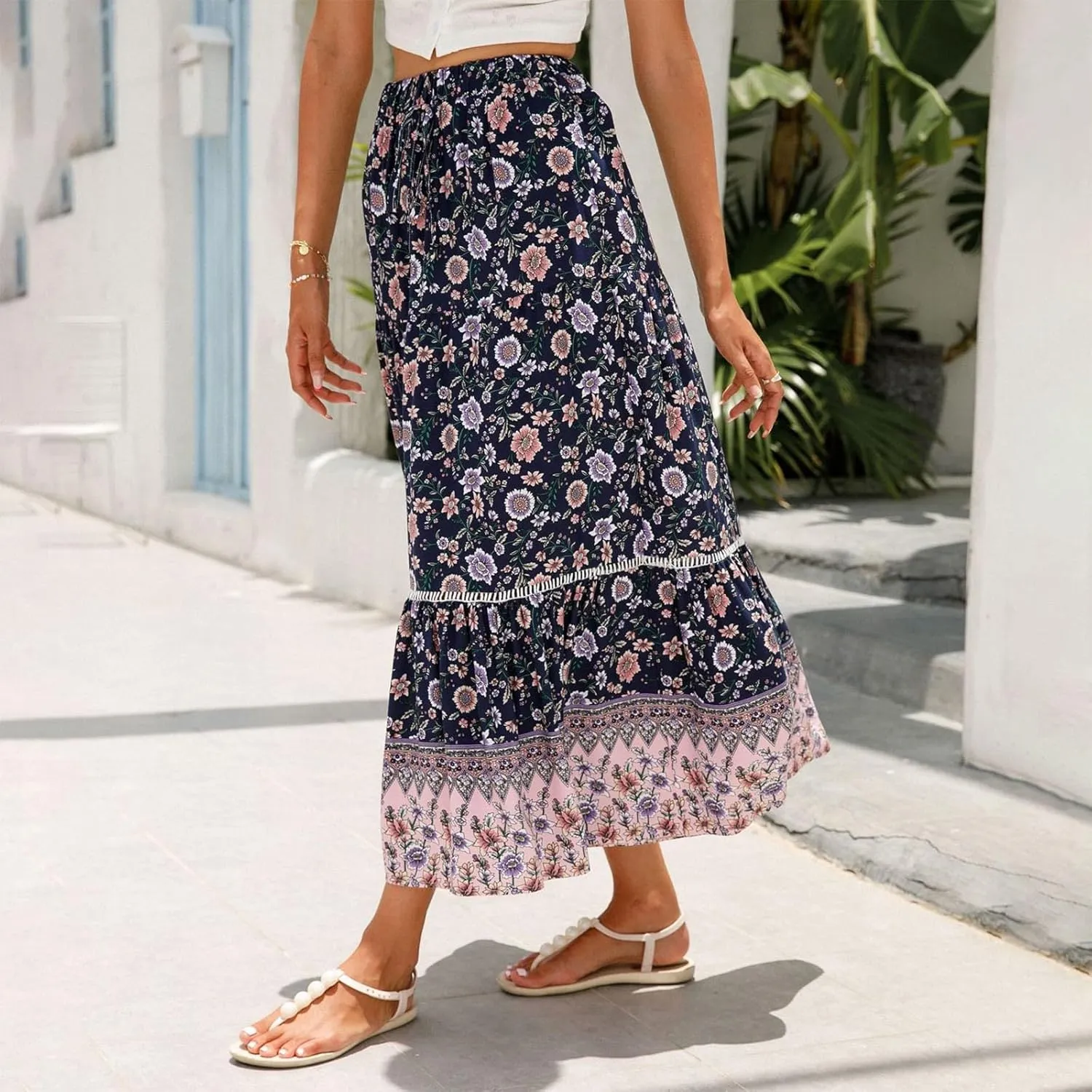 Maxi Boho Floral Skirts for Women 2025 Trendy Summer Long Flowy Skirts Drawstring High Elastic Waist A Line Skorts