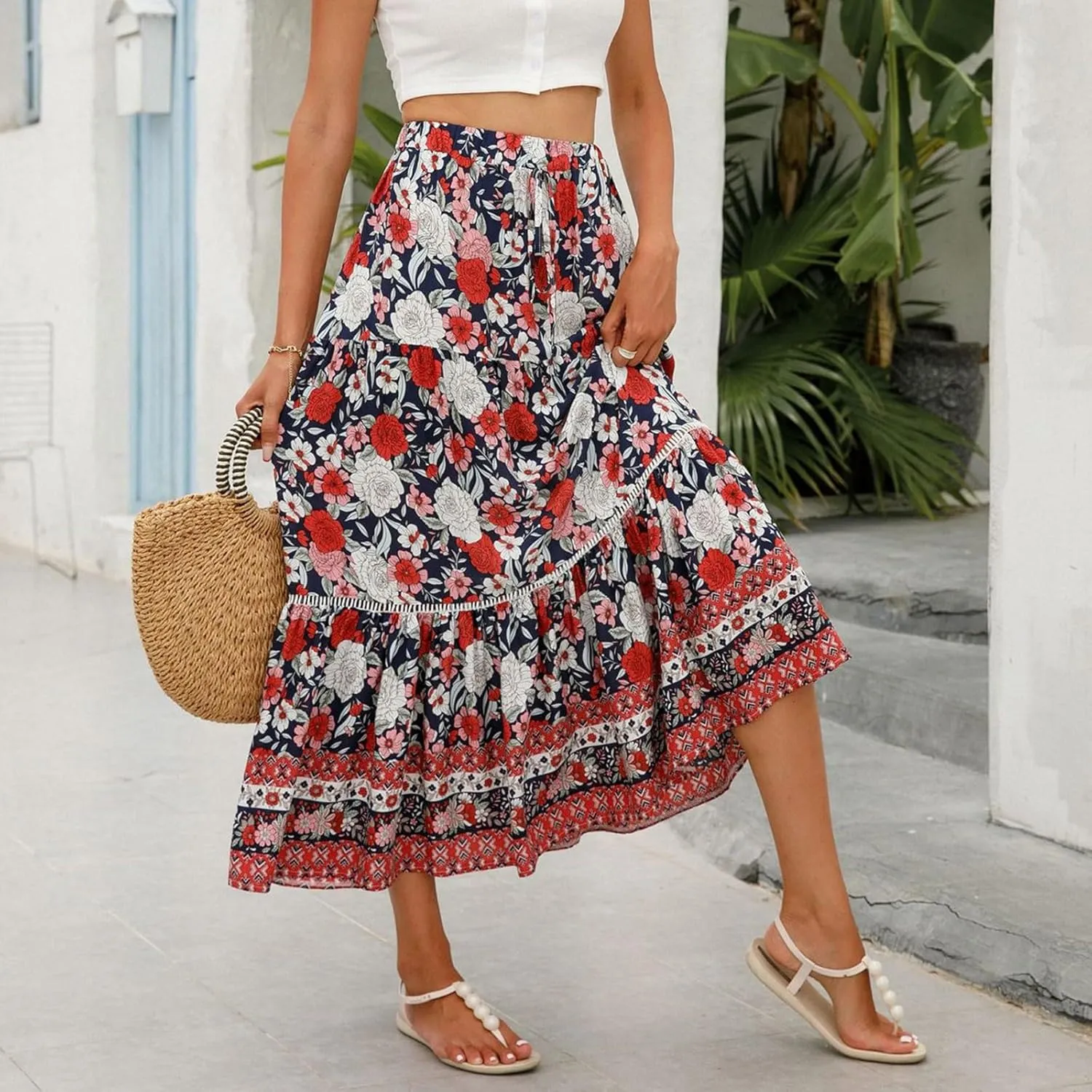 Maxi Boho Floral Skirts for Women 2025 Trendy Summer Long Flowy Skirts Drawstring High Elastic Waist A Line Skorts