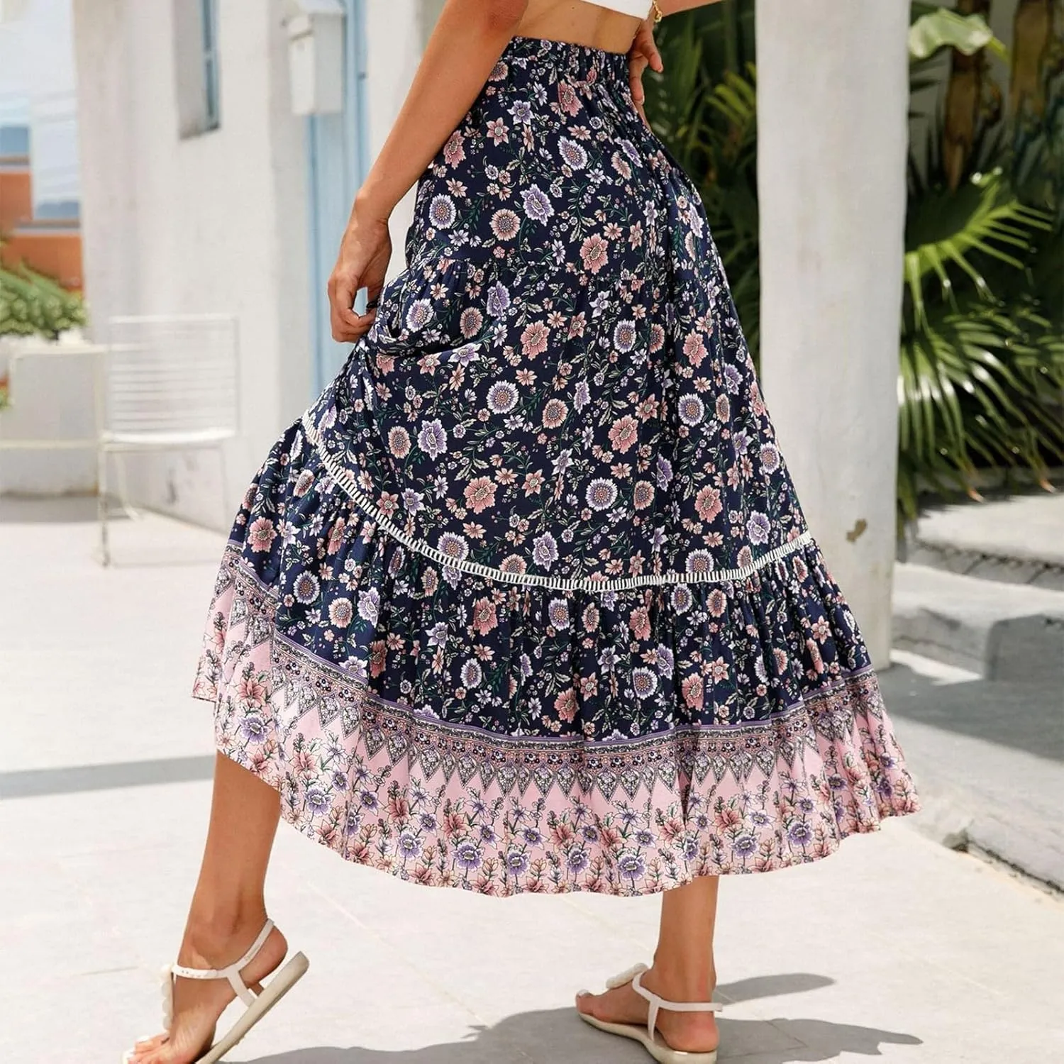 Maxi Boho Floral Skirts for Women 2025 Trendy Summer Long Flowy Skirts Drawstring High Elastic Waist A Line Skorts