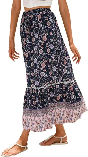 Maxi Boho Floral Skirts for Women 2025 Trendy Summer Long Flowy Skirts Drawstring High Elastic Waist A Line Skorts