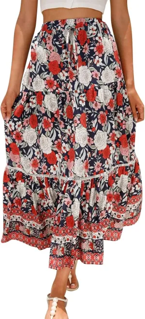 Maxi Boho Floral Skirts for Women 2025 Trendy Summer Long Flowy Skirts Drawstring High Elastic Waist A Line Skorts