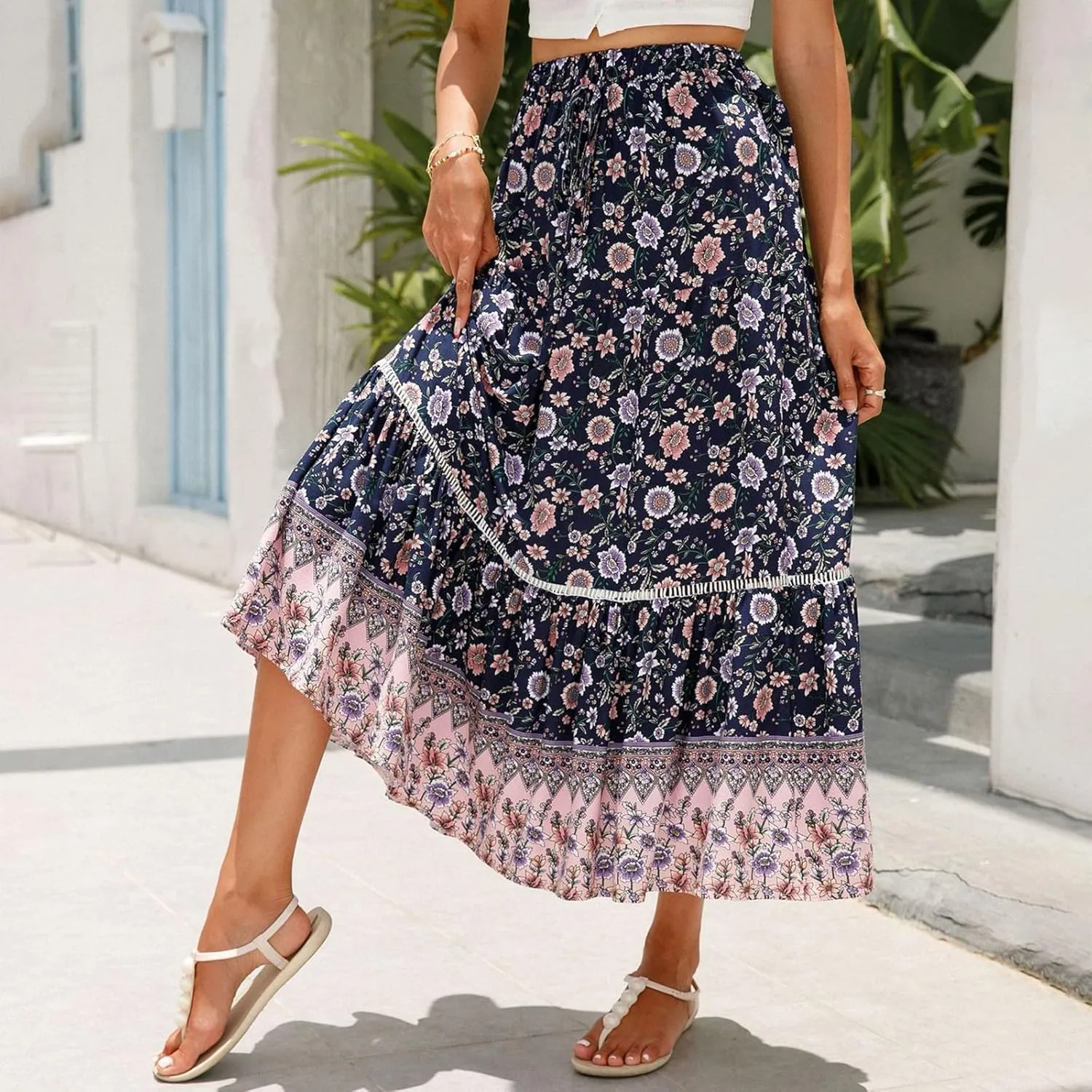 Maxi Boho Floral Skirts for Women 2025 Trendy Summer Long Flowy Skirts Drawstring High Elastic Waist A Line Skorts