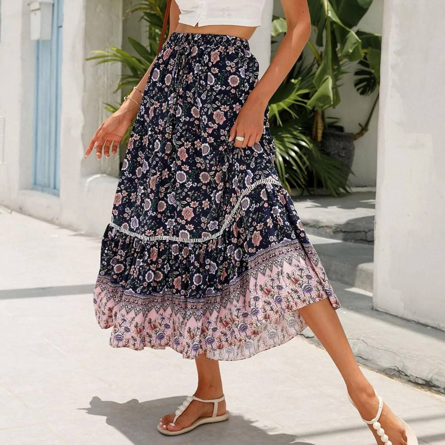 Maxi Boho Floral Skirts for Women 2025 Trendy Summer Long Flowy Skirts Drawstring High Elastic Waist A Line Skorts