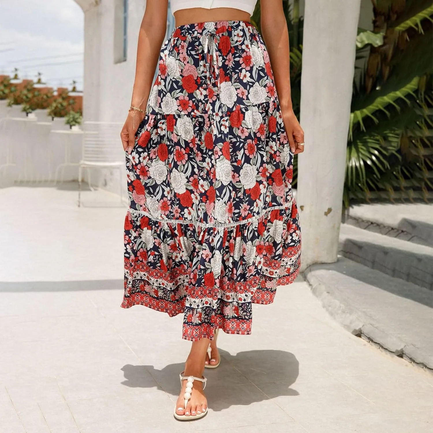 Maxi Boho Floral Skirts for Women 2025 Trendy Summer Long Flowy Skirts Drawstring High Elastic Waist A Line Skorts