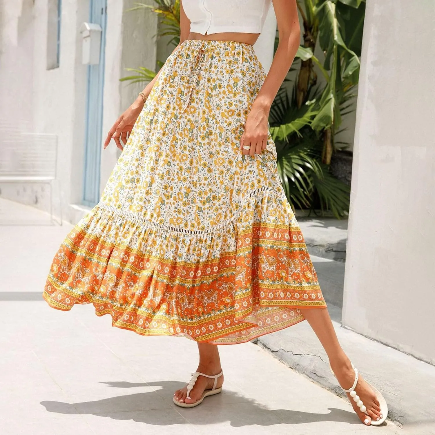 Maxi Boho Floral Skirts for Women 2025 Trendy Summer Long Flowy Skirts High Elastic Waist Drawstring A Line Skorts
