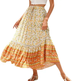 Maxi Boho Floral Skirts for Women 2025 Trendy Summer Long Flowy Skirts High Elastic Waist Drawstring A Line Skorts