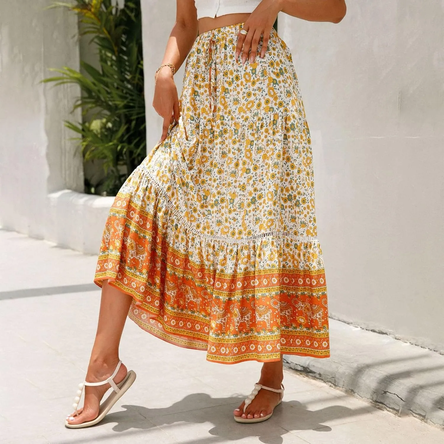 Maxi Boho Floral Skirts for Women 2025 Trendy Summer Long Flowy Skirts High Elastic Waist Drawstring A Line Skorts