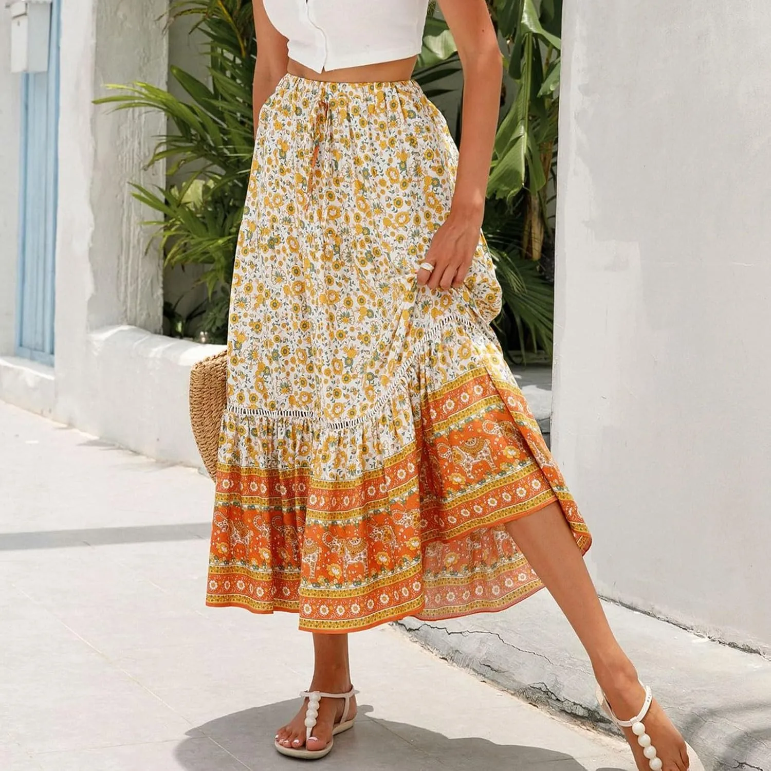 Maxi Boho Floral Skirts for Women 2025 Trendy Summer Long Flowy Skirts High Elastic Waist Drawstring A Line Skorts
