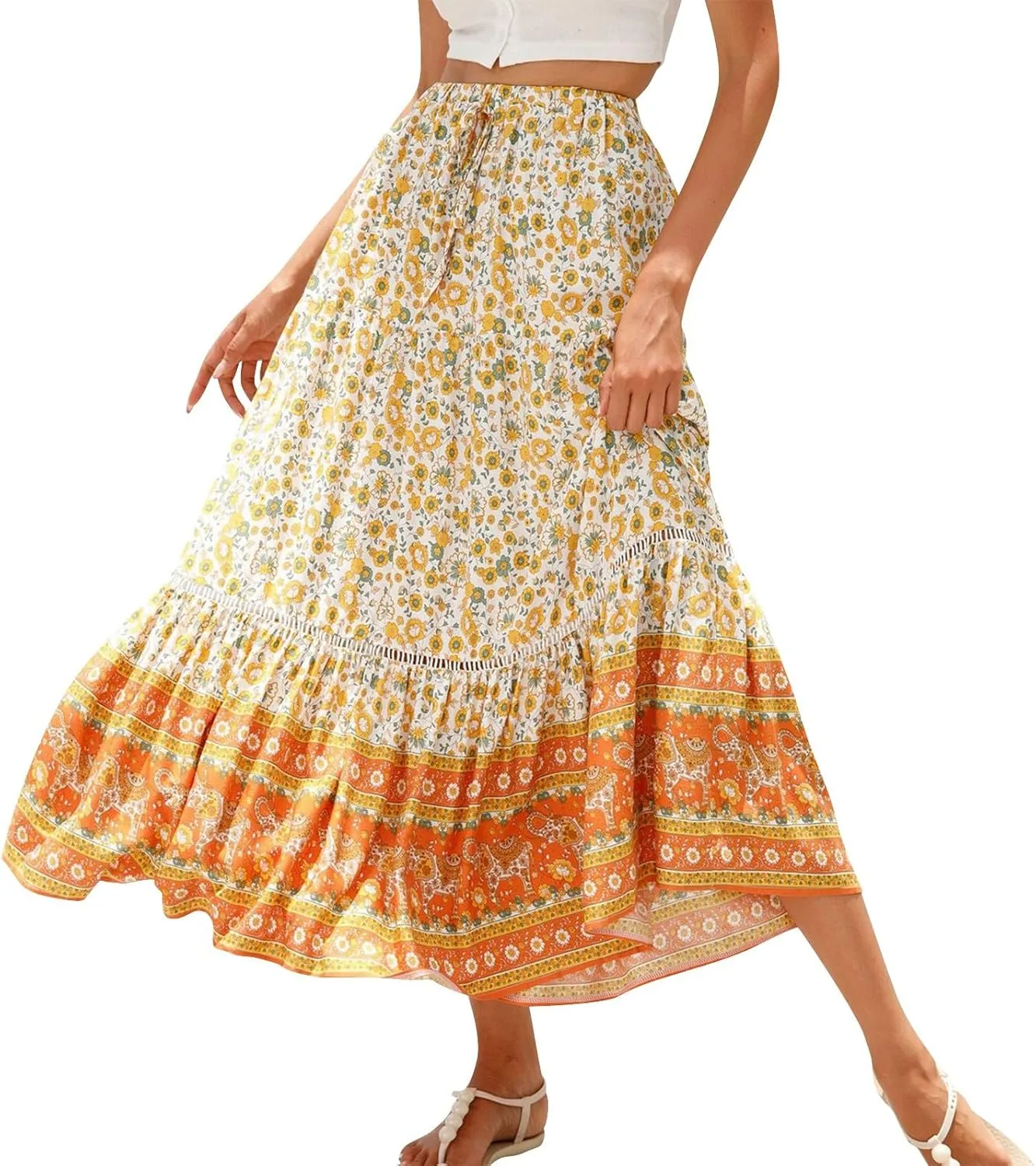 Maxi Boho Floral Skirts for Women 2025 Trendy Summer Long Flowy Skirts High Elastic Waist Drawstring A Line Skorts