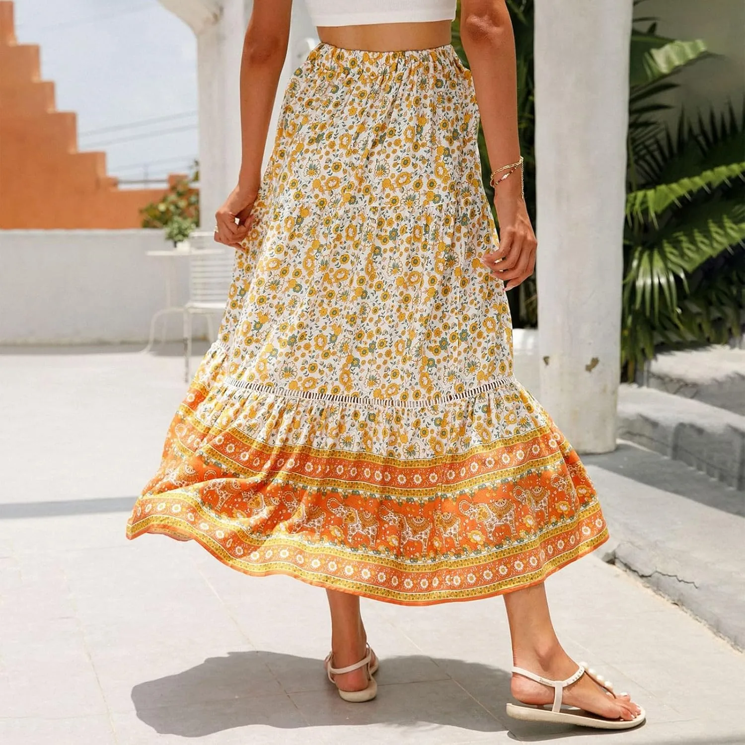 Maxi Boho Floral Skirts for Women 2025 Trendy Summer Long Flowy Skirts High Elastic Waist Drawstring A Line Skorts