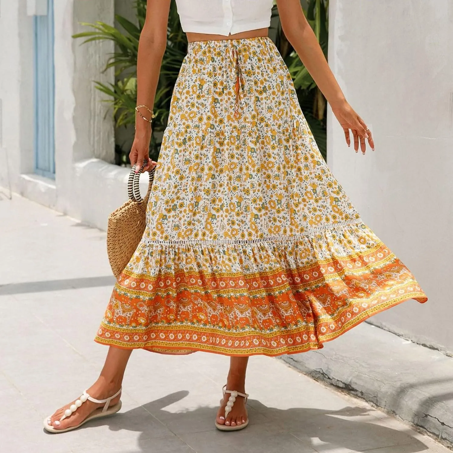 Maxi Boho Floral Skirts for Women 2025 Trendy Summer Long Flowy Skirts High Elastic Waist Drawstring A Line Skorts