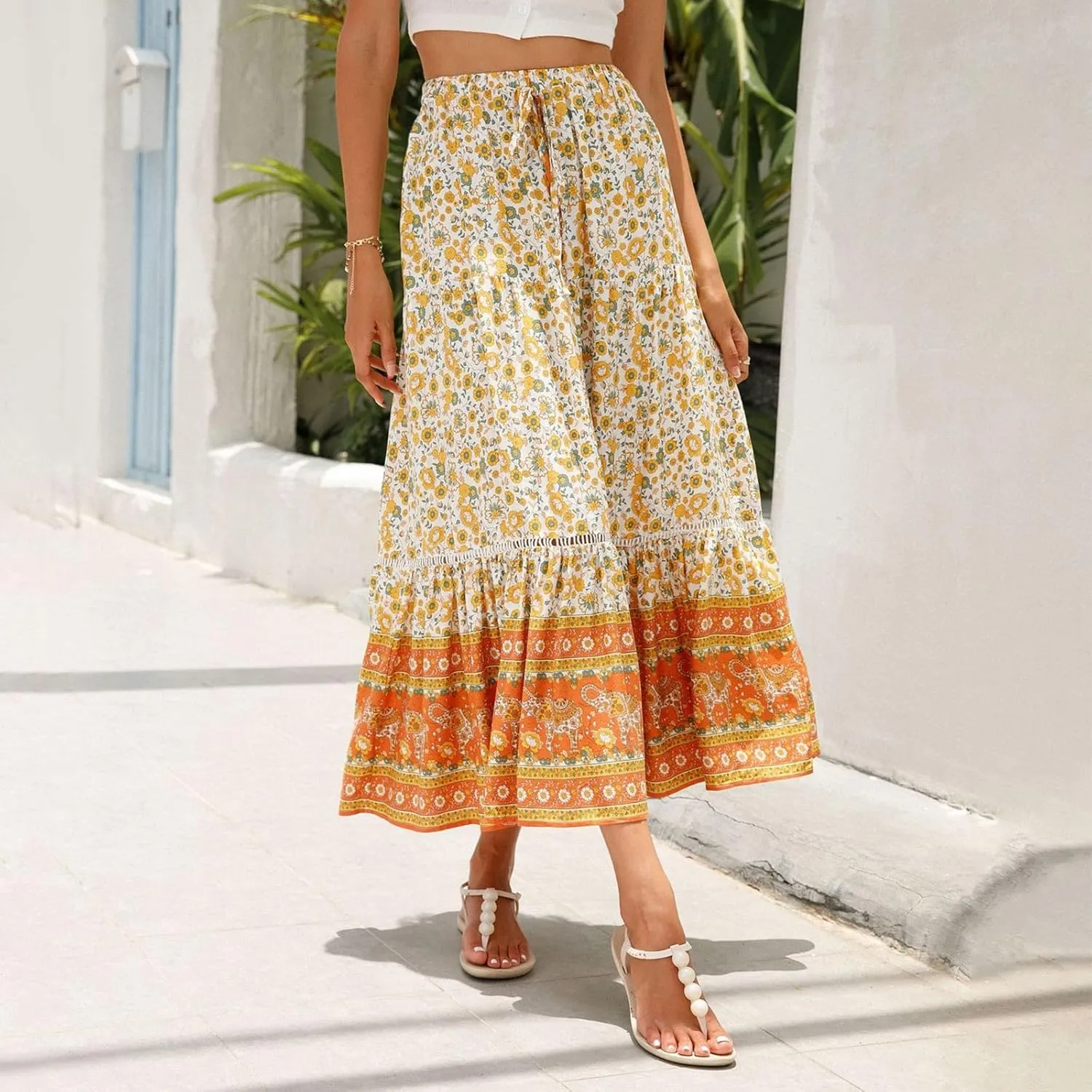 Maxi Boho Floral Skirts for Women 2025 Trendy Summer Long Flowy Skirts High Elastic Waist Drawstring A Line Skorts