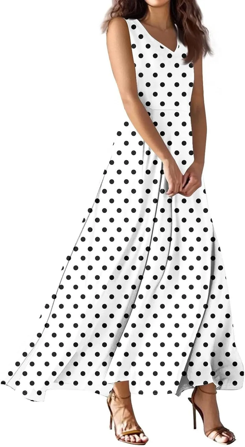Maxi Dresses for Women 2025 Elegant Classy Floral Sleeveless V Neck Sundress Ruffle Flowy Swing A Line Dresses Frocks