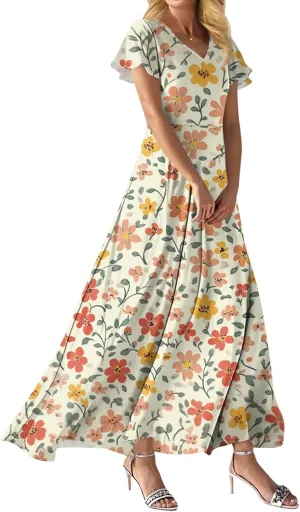 Maxi Dresses for Women 2025 Formal Wrap V Neck Chiffon Boho Flowy Swing Sundress Ruffle Short Sleeve Floral Dress