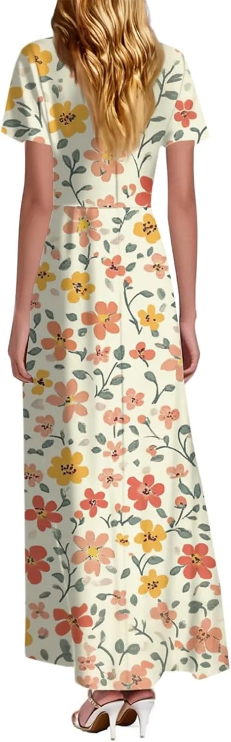 Maxi Dresses for Women 2025 Formal Wrap V Neck Chiffon Boho Flowy Swing Sundress Ruffle Short Sleeve Floral Dress