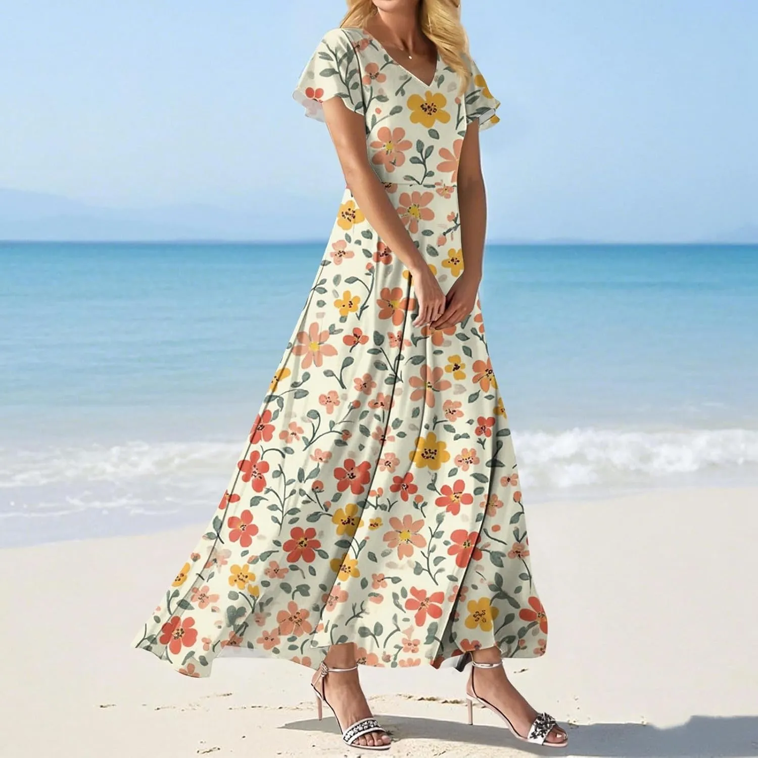 Maxi Dresses for Women 2025 Formal Wrap V Neck Chiffon Boho Flowy Swing Sundress Ruffle Short Sleeve Floral Dress