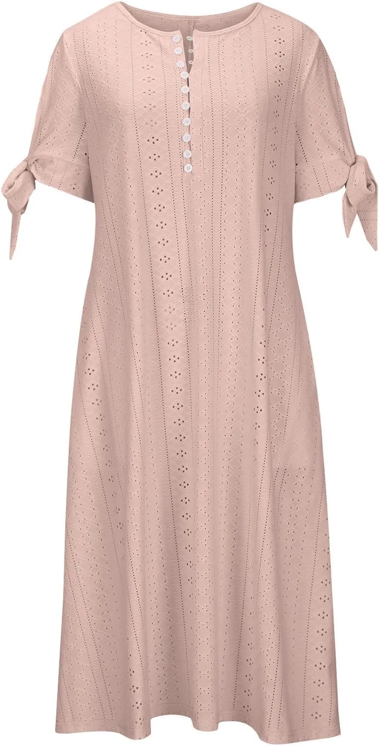Maxi Dresses for Women 2025 Trendy Short Sleeve Eyelet Summer Dress V Neck Plus Size Casual Beach Vacation Sundress