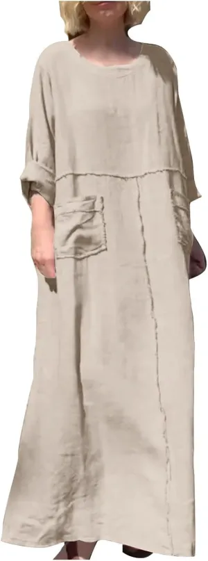 Maxi Dresses for Women Casual Long Sleeve Crewneck Dress Cotton Linen Loose Long Dress Fashion Plus Size Dresses