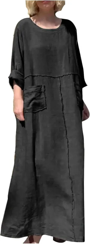 Maxi Dresses for Women Casual Long Sleeve Crewneck Dress Cotton Linen Loose Long Dress Fashion Plus Size Dresses