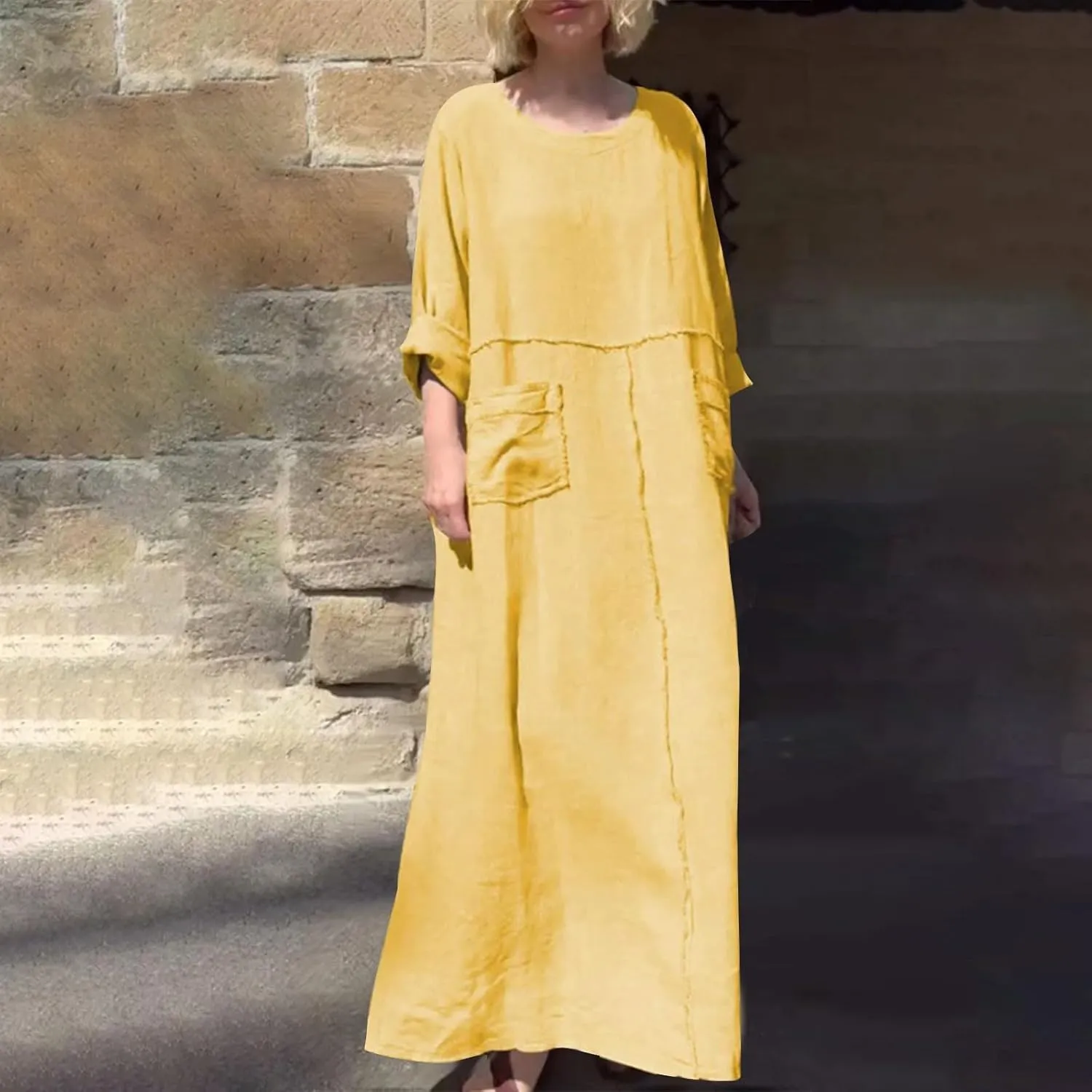 Maxi Dresses for Women Casual Long Sleeve Crewneck Dress Cotton Linen Loose Long Dress Fashion Plus Size Dresses